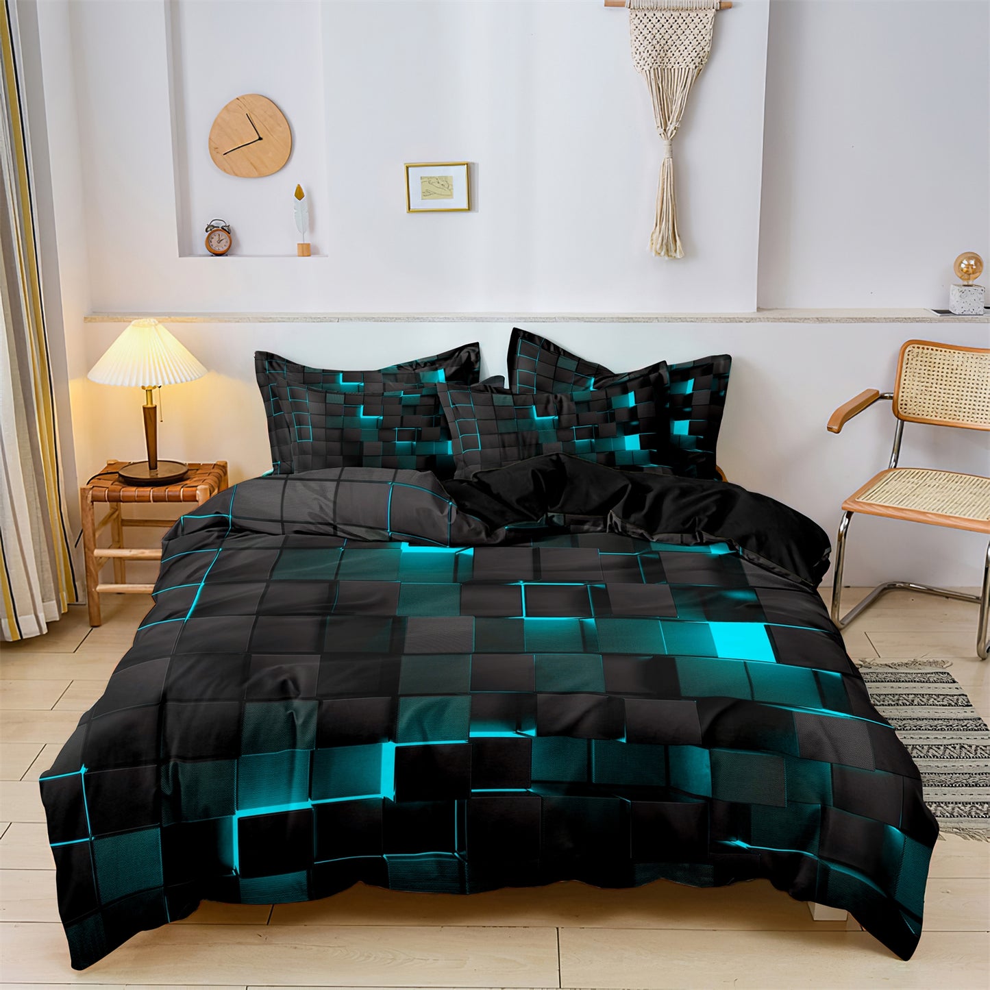 3Pcs Colorful Geometric Patchwork Bedding Set – Modern Abstract Quilt Cover Set, Rainbow Gradient Duvet Cover Set