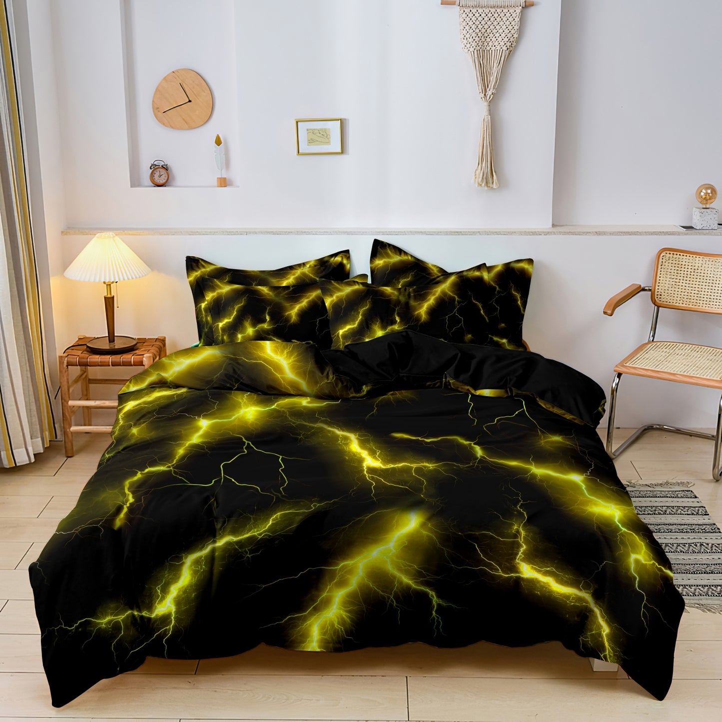 3Pcs Blue Lightning Quilt Cover Set – 3D Electric Storm Bedding with Pillowcases