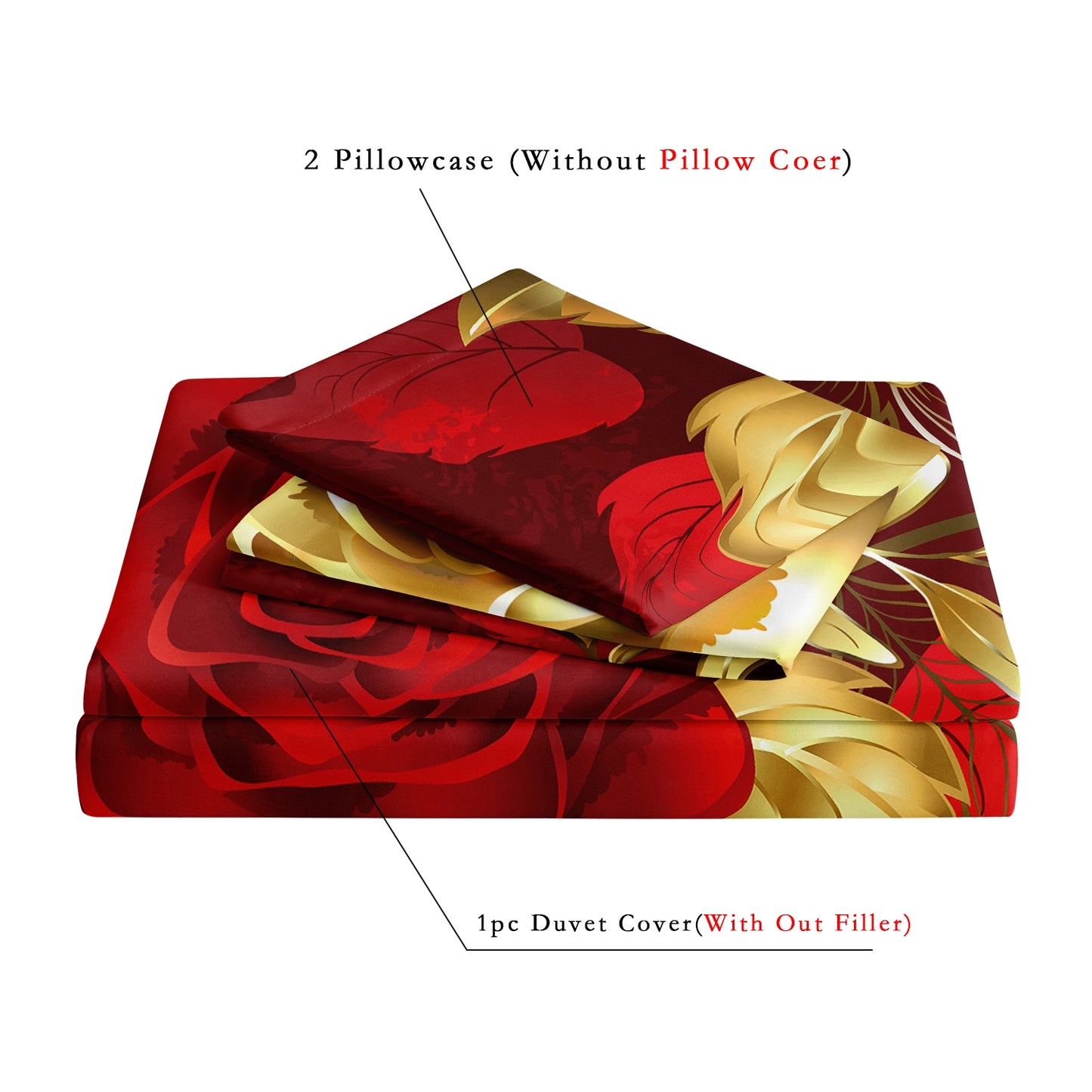 3PcsBurgundy Rose Floral Bedding Set – Red and Gold Rose Duvet Cover Set, Romantic Luxury Flower Quilt Cover