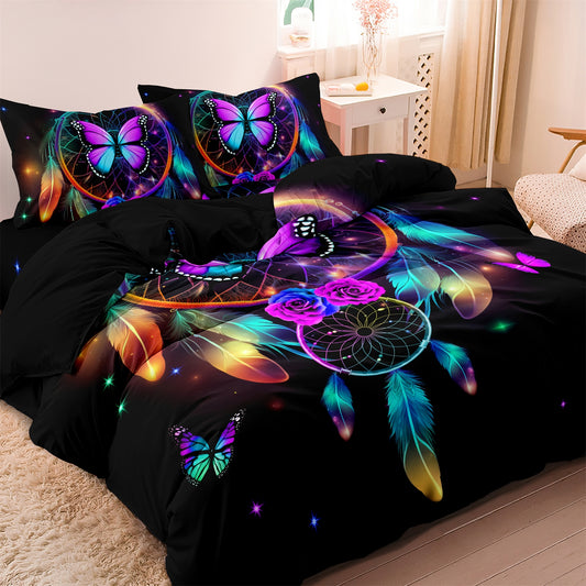 3Pcs Colorful Butterfly Dream Catcher Duvet Cover Set | Boho Black Bedding with Pillowcases