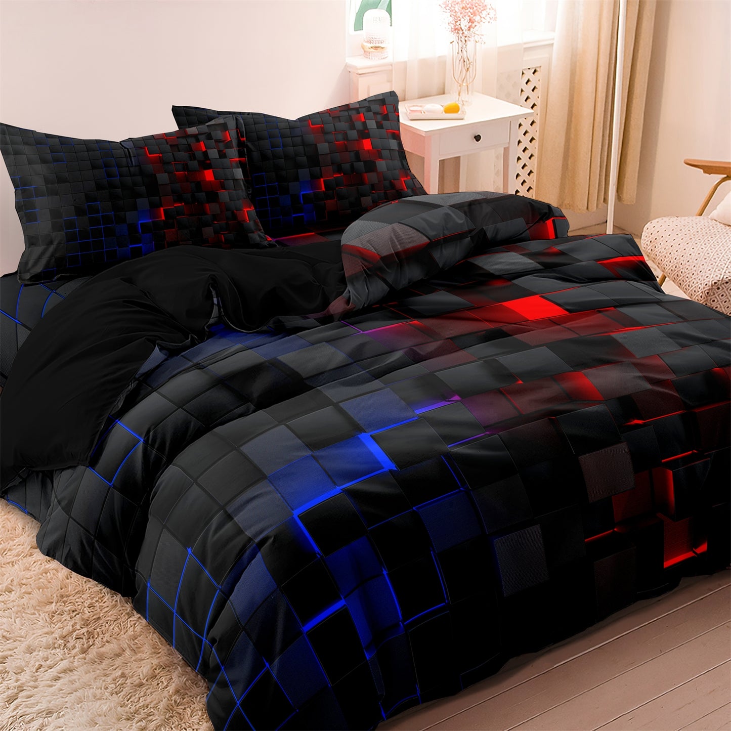 3Pcs Cyberpunk Geometric Bedding Set – Black Red Blue Modern Duvet Cover Set