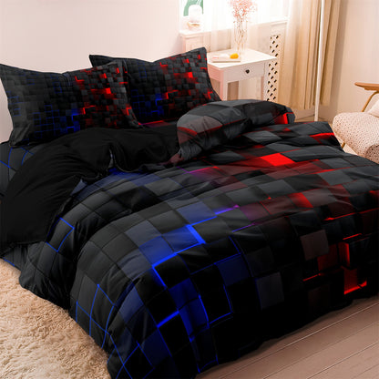 3Pcs Cyberpunk Geometric Bedding Set – Black Red Blue Modern Duvet Cover Set