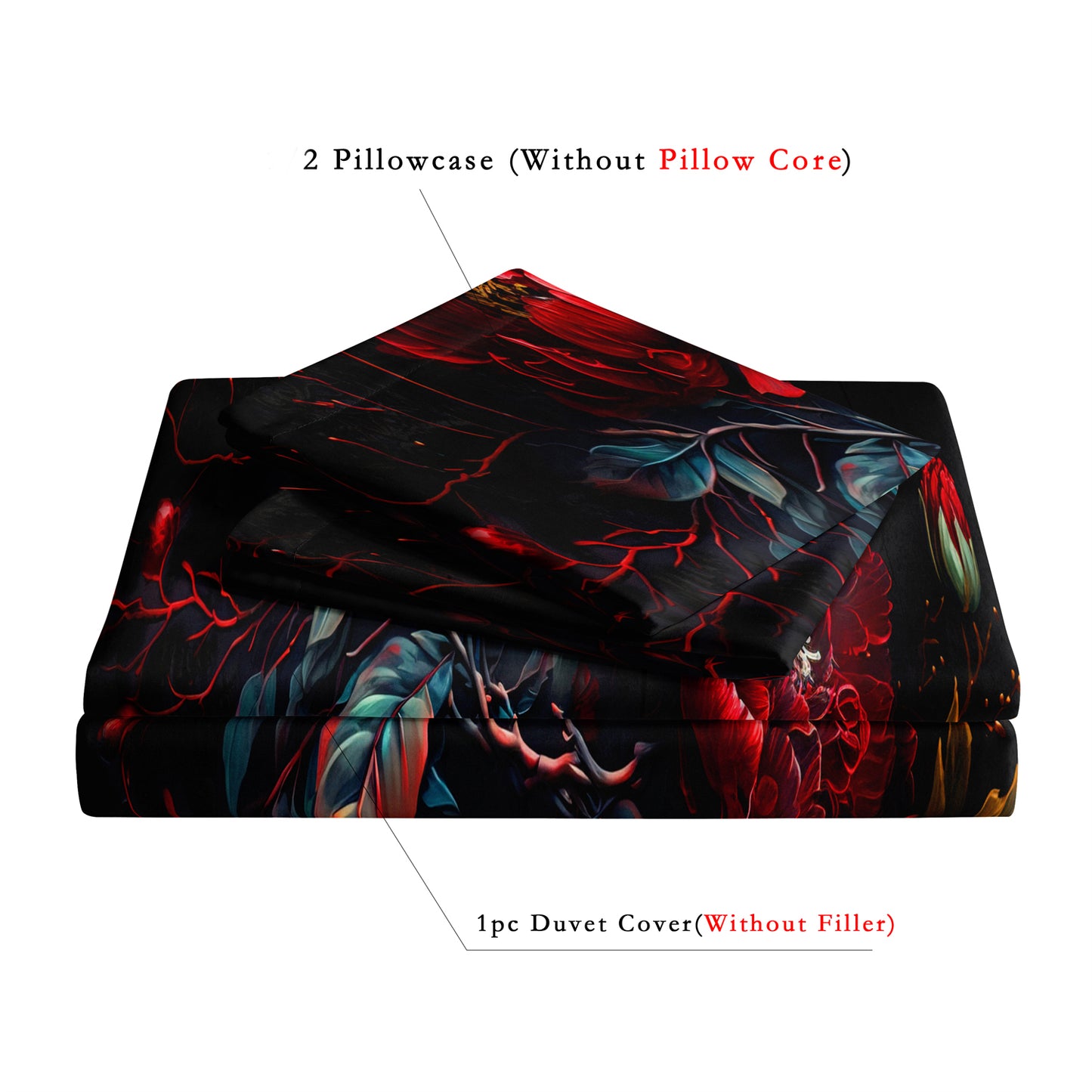 3Pcs Gothic Skull Rose Quilt Cover Set – Dark Floral Bedding with Pillowcases