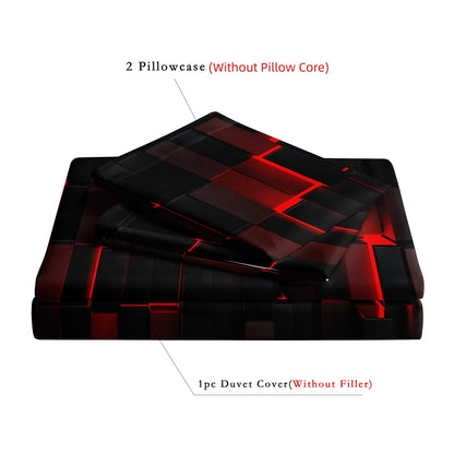 3Pcs Cyberpunk Geometric Bedding Set – Black Red Modern Duvet Cover Set with Pillowcases