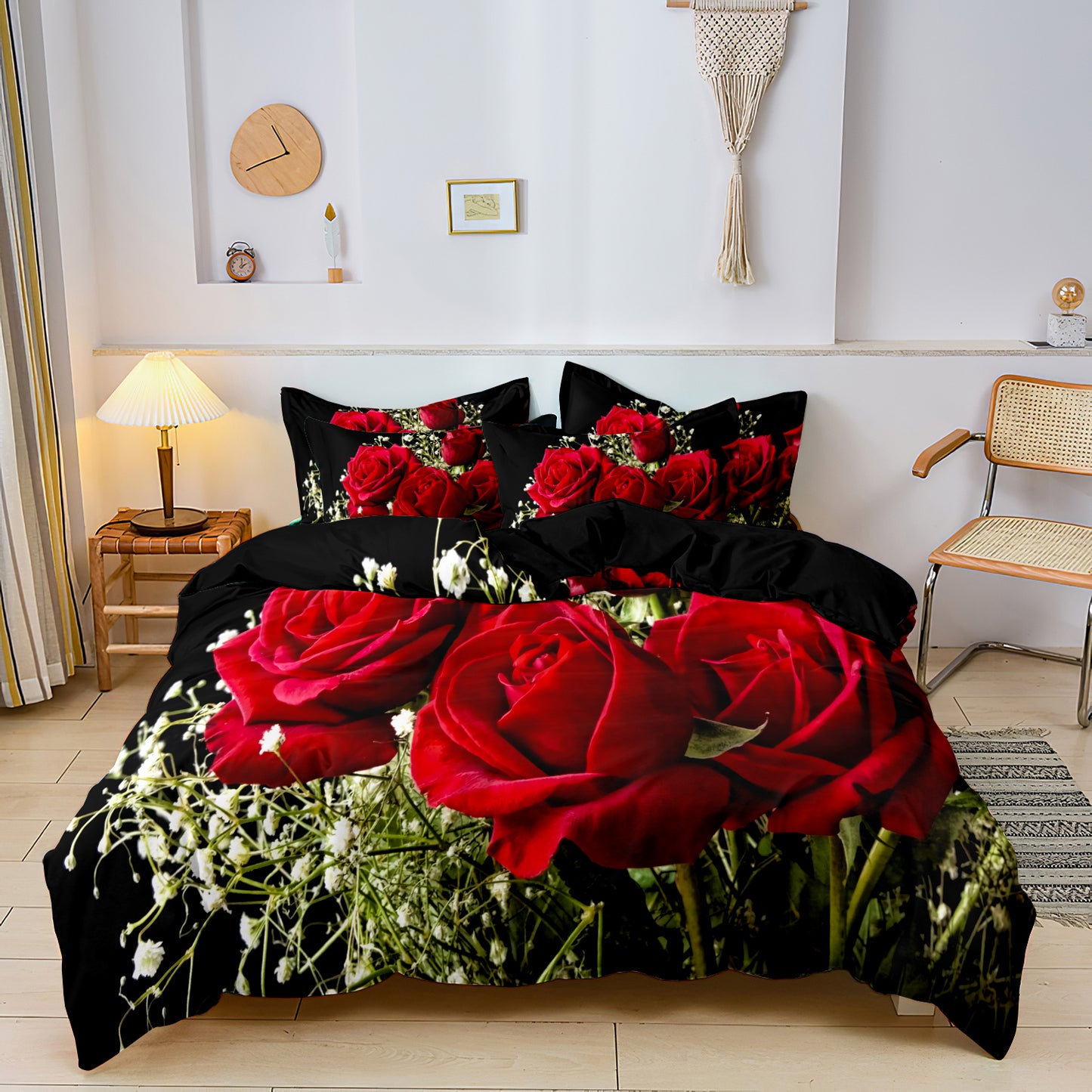 3PcsRed Rose Bouquet Bedding Set – Romantic Floral Duvet Cover Set, Black Background Rose Print Quilt Cover
