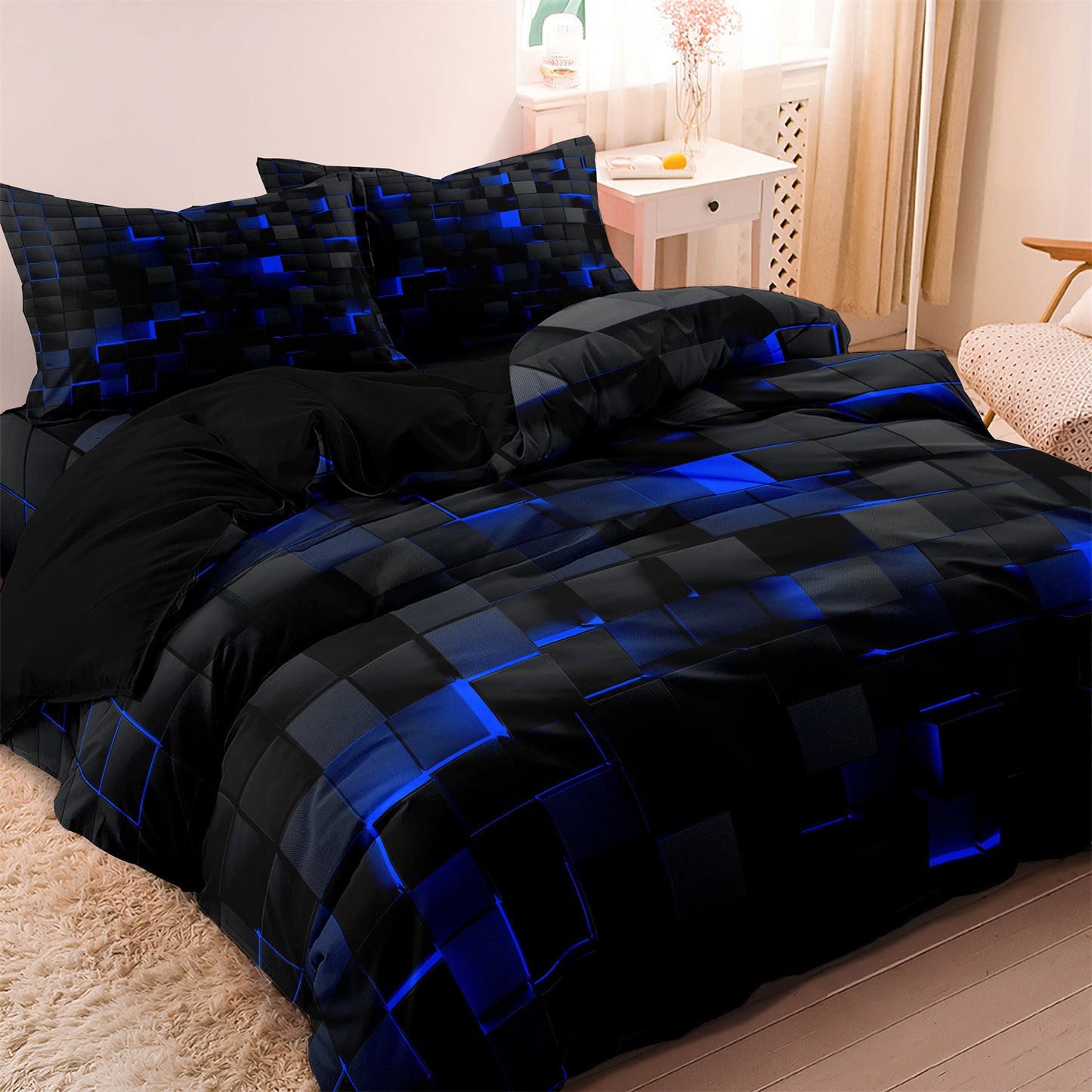 3Pcs Cyberpunk Geometric Bedding Set – Black Red Modern Duvet Cover Set with Pillowcases
