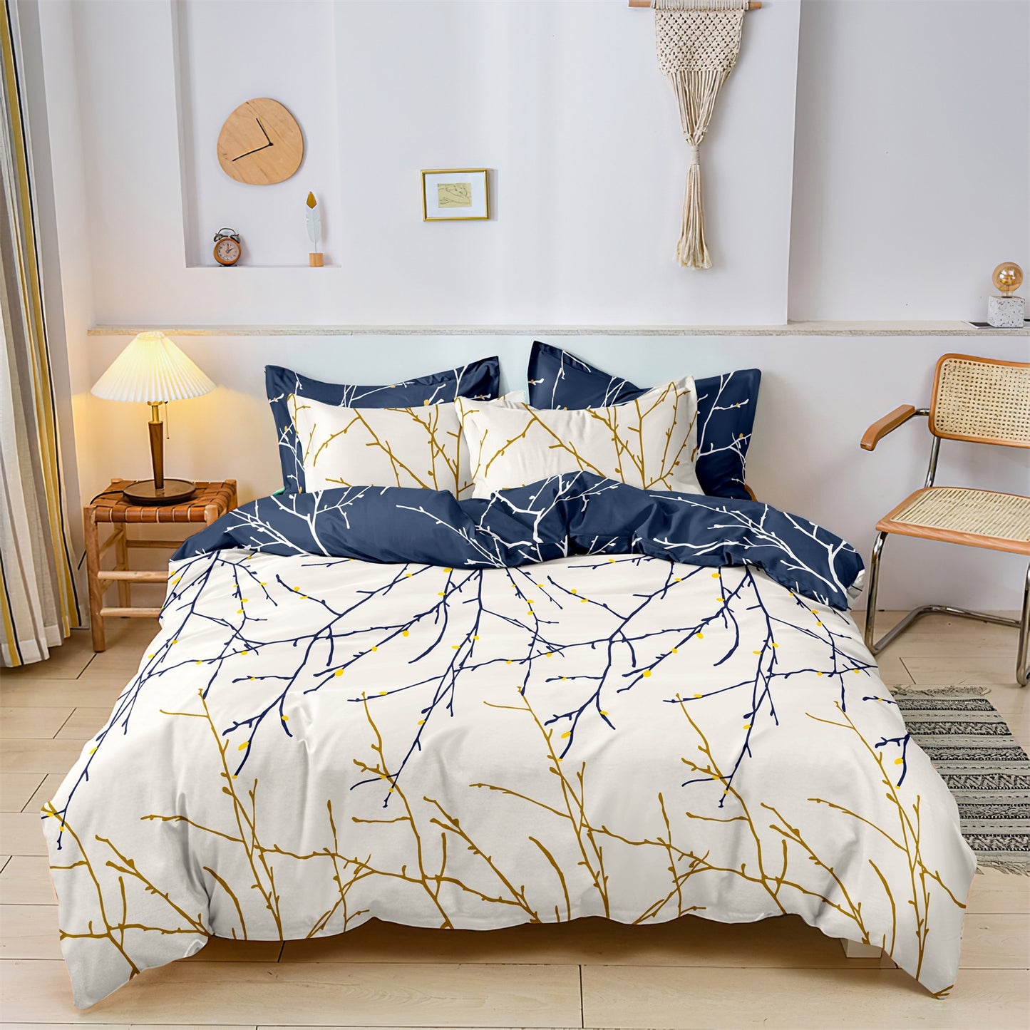 3Pcs Navy Blue Branch Duvet Cover Set | Modern Botanical Bedding with Pillowcases