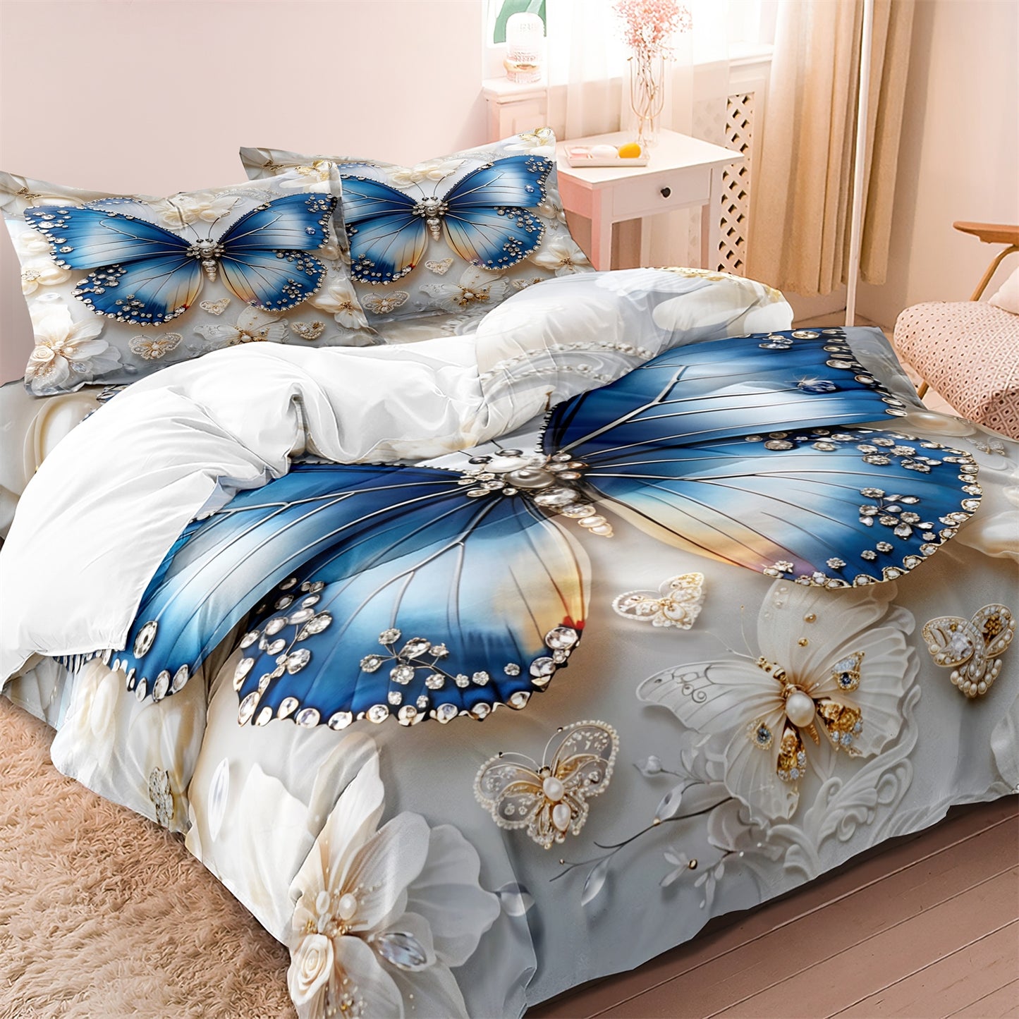 3Pcs Luxury Blue Butterfly Floral Duvet Cover Set – 3D Printed Soft Bedding Set with Pillowcases