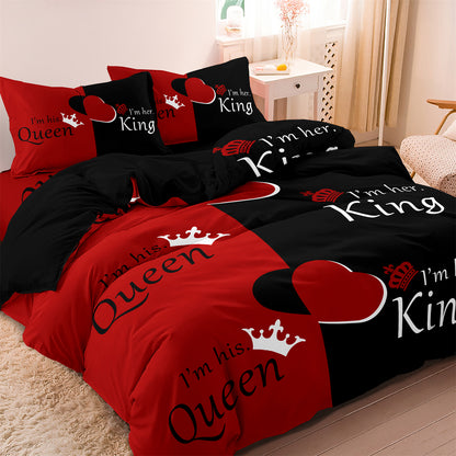 3Pcs King & Queen Couple Bedding Set – Red Black Romantic Duvet Cover Set with Pillowcases
