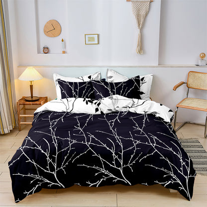 3Pcs Black White Botanical Duvet Cover Set | Modern Branch Bedding with Pillowcases