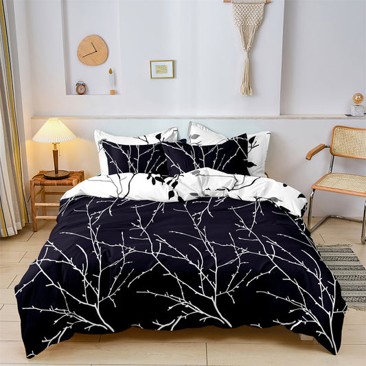 3Pcs Black White Botanical Duvet Cover Set | Modern Branch Bedding with Pillowcases