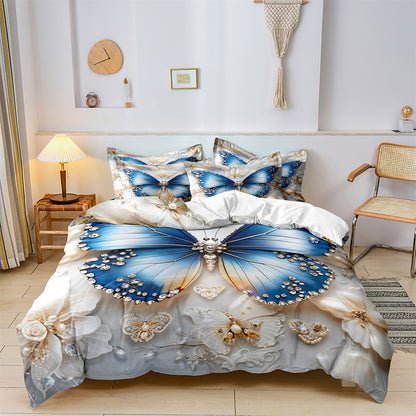 3Pcs Luxury Blue Butterfly Floral Duvet Cover Set – 3D Printed Soft Bedding Set with Pillowcases