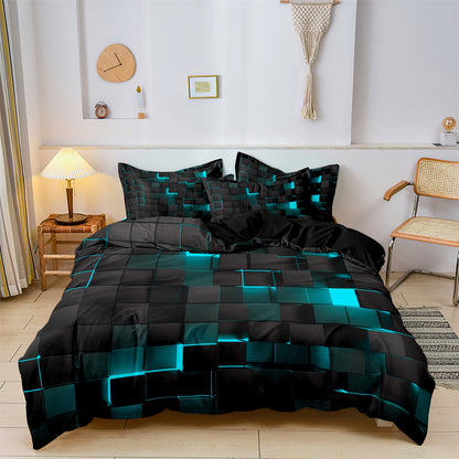 3Pcs Purple Geometric Duvet Cover Set – Black Abstract Grid Bedding Set Soft Microfiber Quilt Cover Set