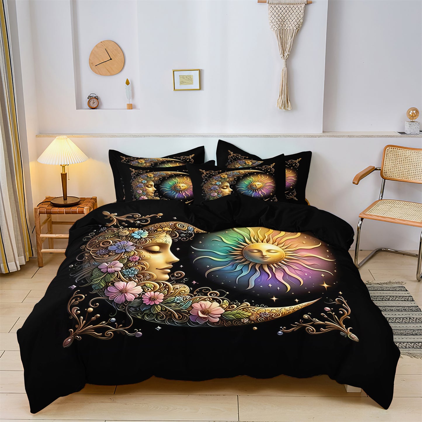 3Pcs Boho Sun Moon Duvet Cover Set – Mystical Celestial Floral Bedding Set