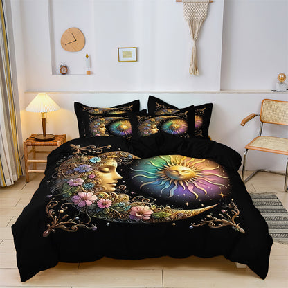 3Pcs Boho Sun Moon Duvet Cover Set – Mystical Celestial Floral Bedding Set
