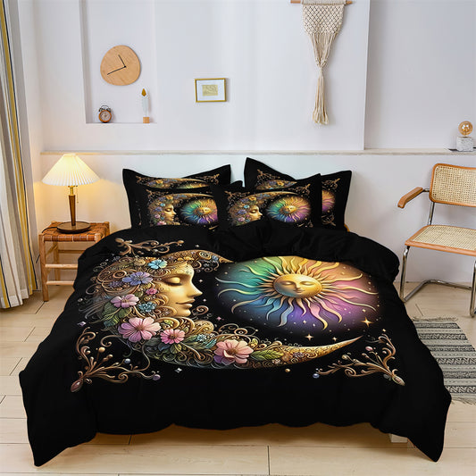 3Pcs Boho Sun Moon Duvet Cover Set – Mystical Celestial Floral Bedding Set