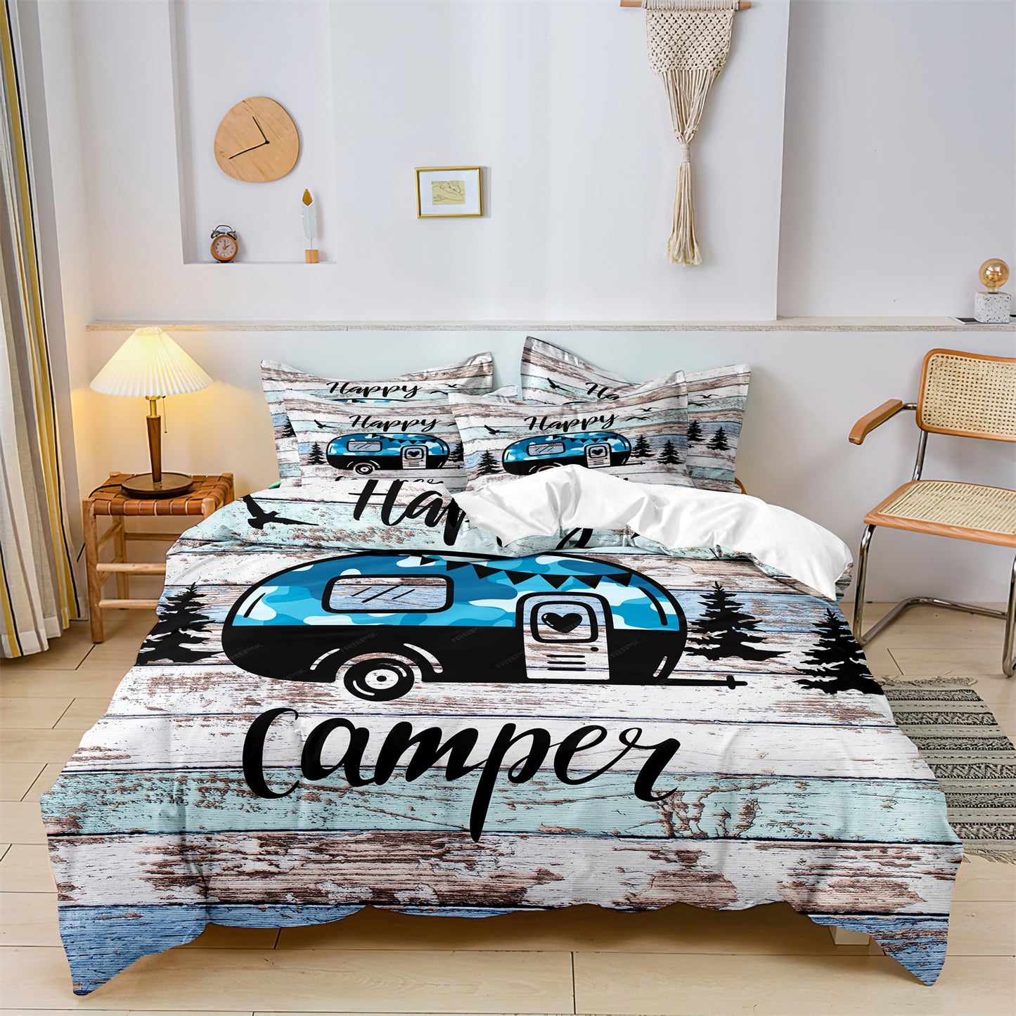 3Pcs Happy Camper Caravan Duvet Cover Set | Rustic RV Camping Bedding Set