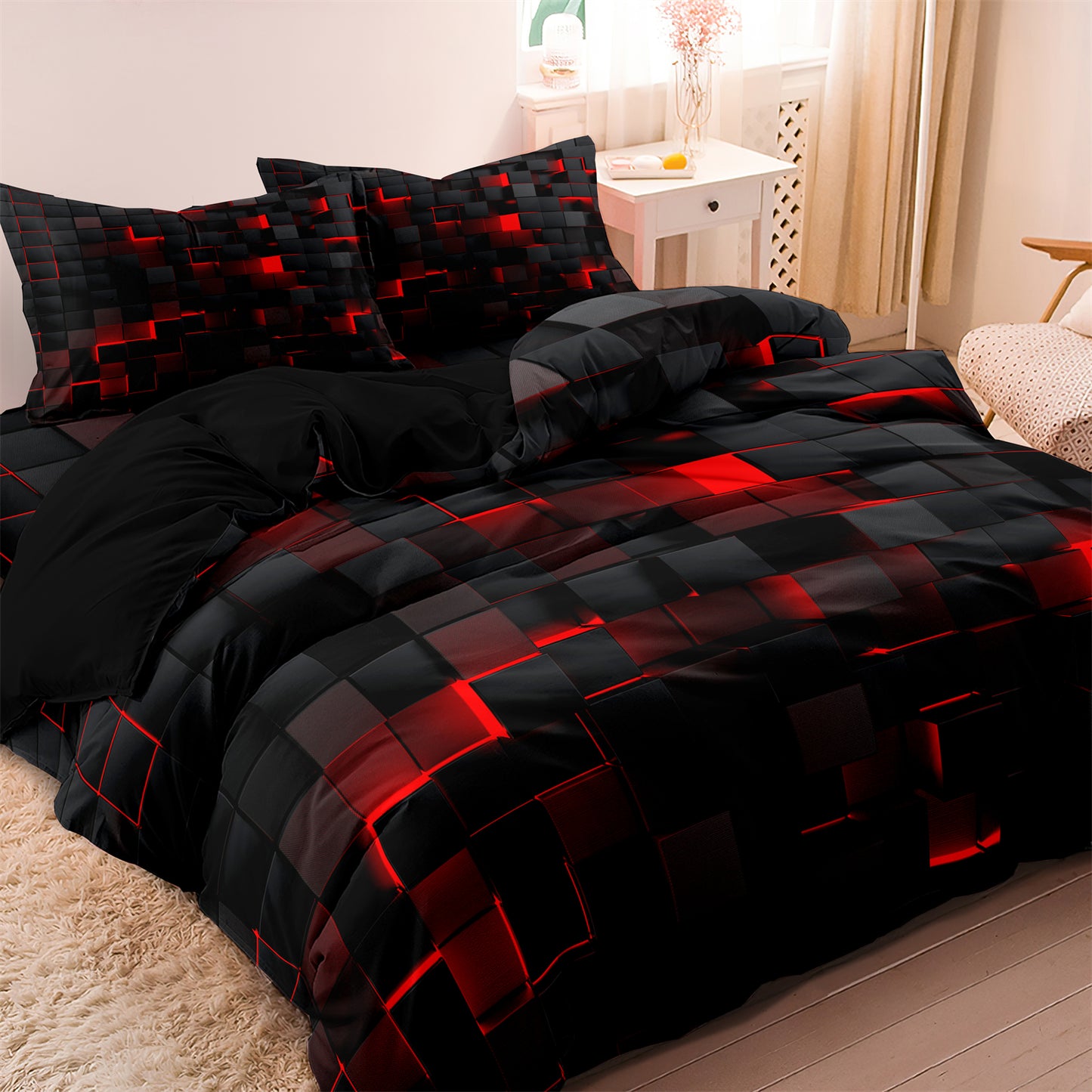 3Pcs Cyberpunk Geometric Bedding Set – Black Red Modern Duvet Cover Set with Pillowcases