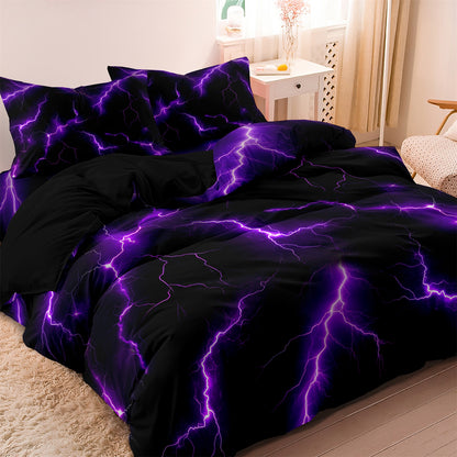 3Pcs Purple Lightning Quilt Cover Set – 3D Electric Storm Bedding with Pillowcases