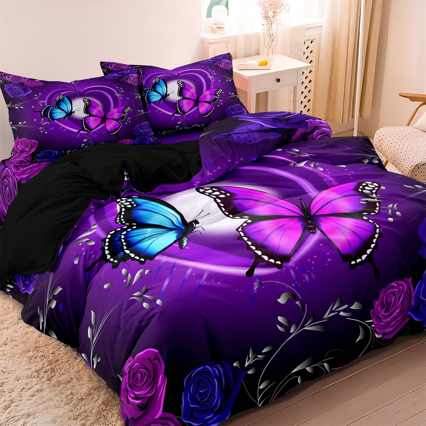 3Pcs Purple Butterfly & Rose 3D Printed Bedding Set – Floral Duvet Cover Set with Pillowcases