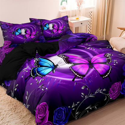 3Pcs Purple Butterfly & Rose 3D Printed Bedding Set – Floral Duvet Cover Set with Pillowcases