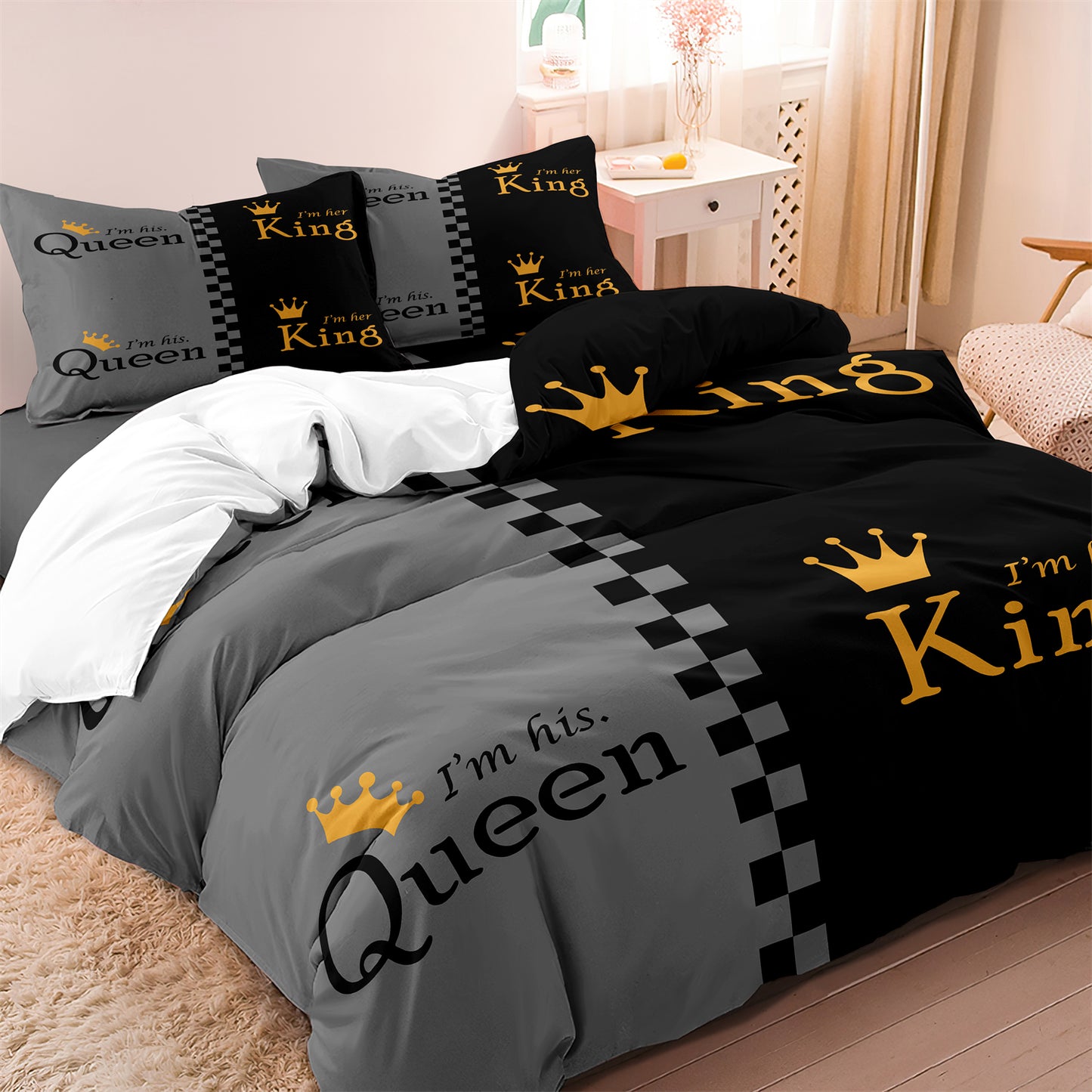 3Pcs King & Queen Couple Bedding Set – Luxury Grey Black Duvet Cover Set with Pillowcases
