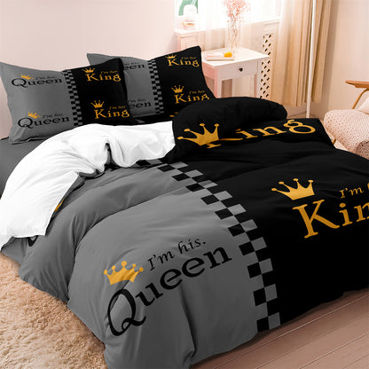 3Pcs King & Queen Couple Bedding Set – Luxury Grey Black Duvet Cover Set with Pillowcases