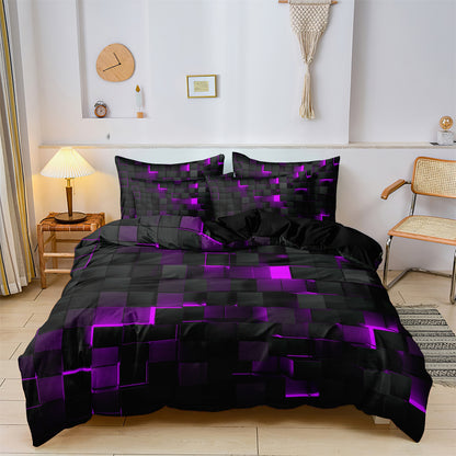 3Pcs Purple Geometric Duvet Cover Set – Black Abstract Grid Bedding Set Soft Microfiber Quilt Cover Set