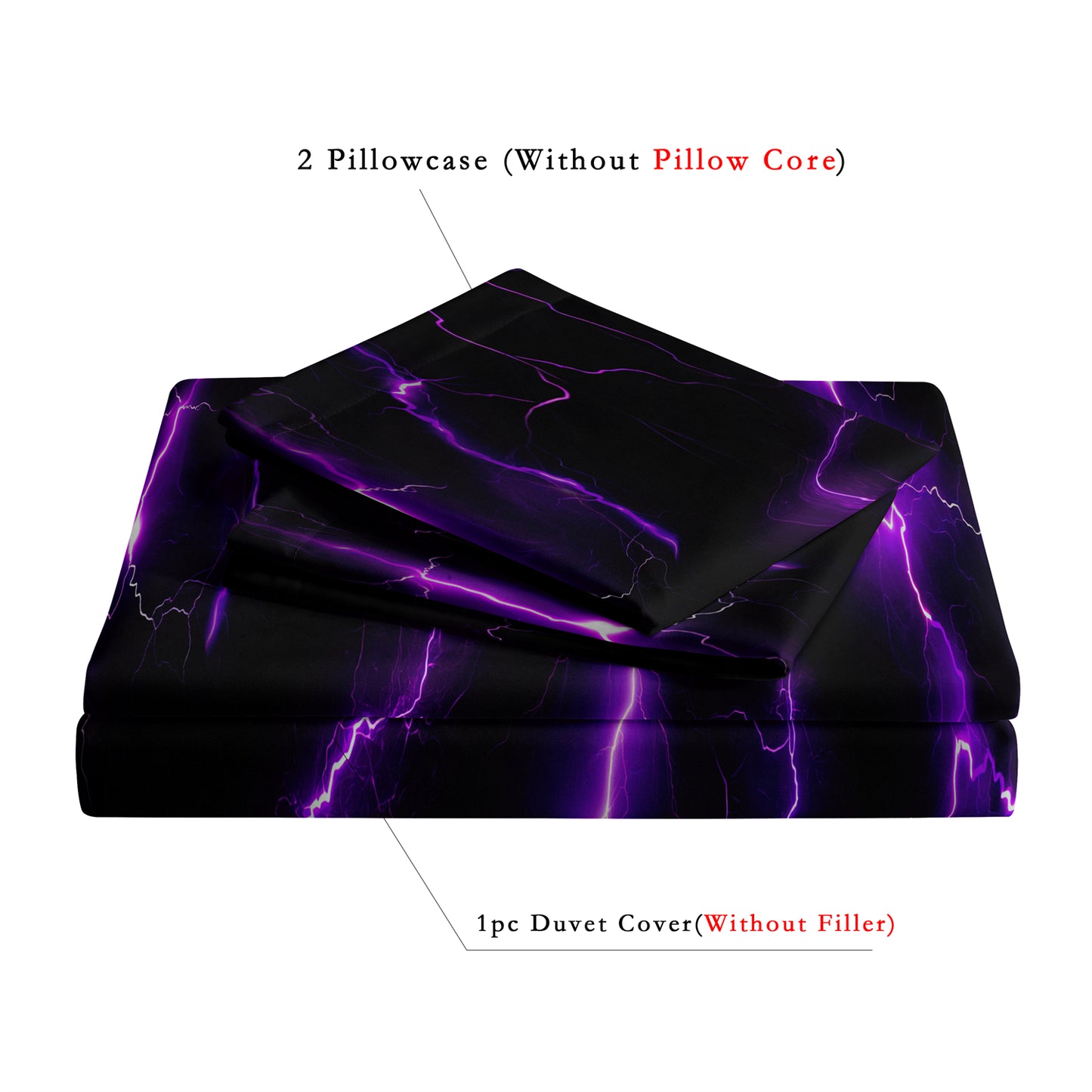 3Pcs Purple Lightning Quilt Cover Set – 3D Electric Storm Bedding with Pillowcases