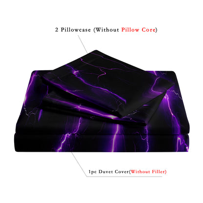 3Pcs Purple Lightning Quilt Cover Set – 3D Electric Storm Bedding with Pillowcases