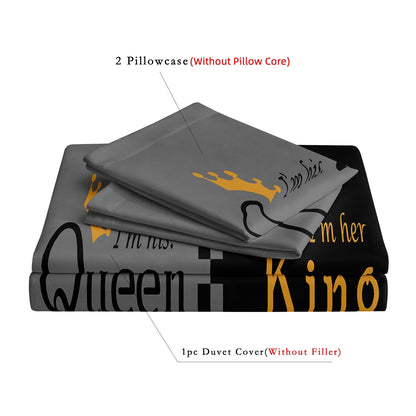 3Pcs King & Queen Couple Bedding Set – Luxury Grey Black Duvet Cover Set with Pillowcases