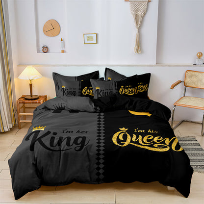 3Pcs King & Queen Couple Bedding Set – Black White Luxury Duvet Cover Set with Pillowcases