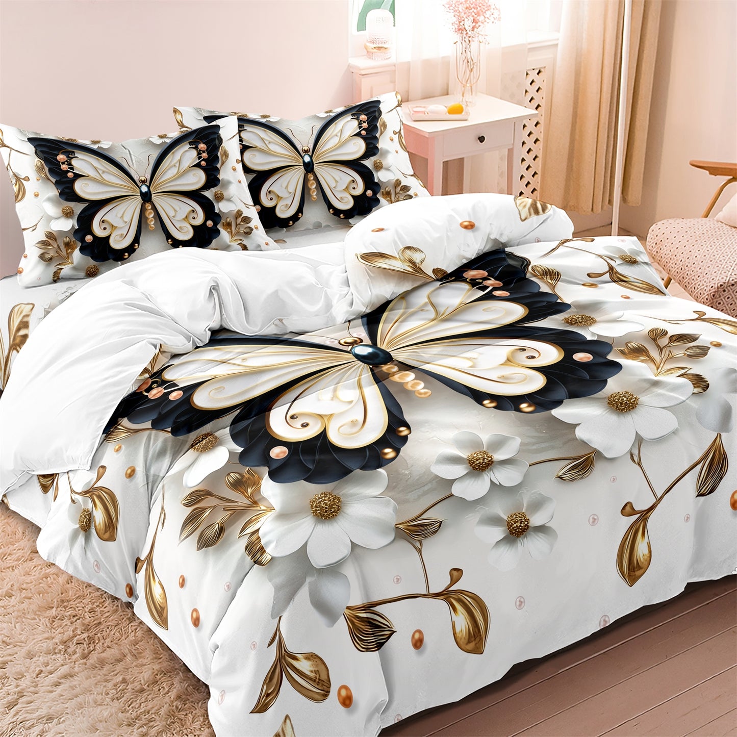 3Pcs Elegant Butterfly & White Floral Duvet Cover Set | Luxury Microfiber Bedding