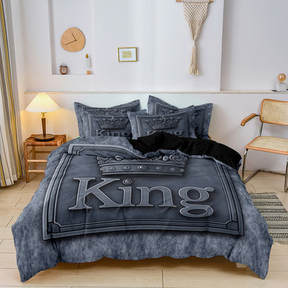 3Pcs King Crown Duvet Cover Set – Luxury Black Grey Bedding Set with Pillowcases