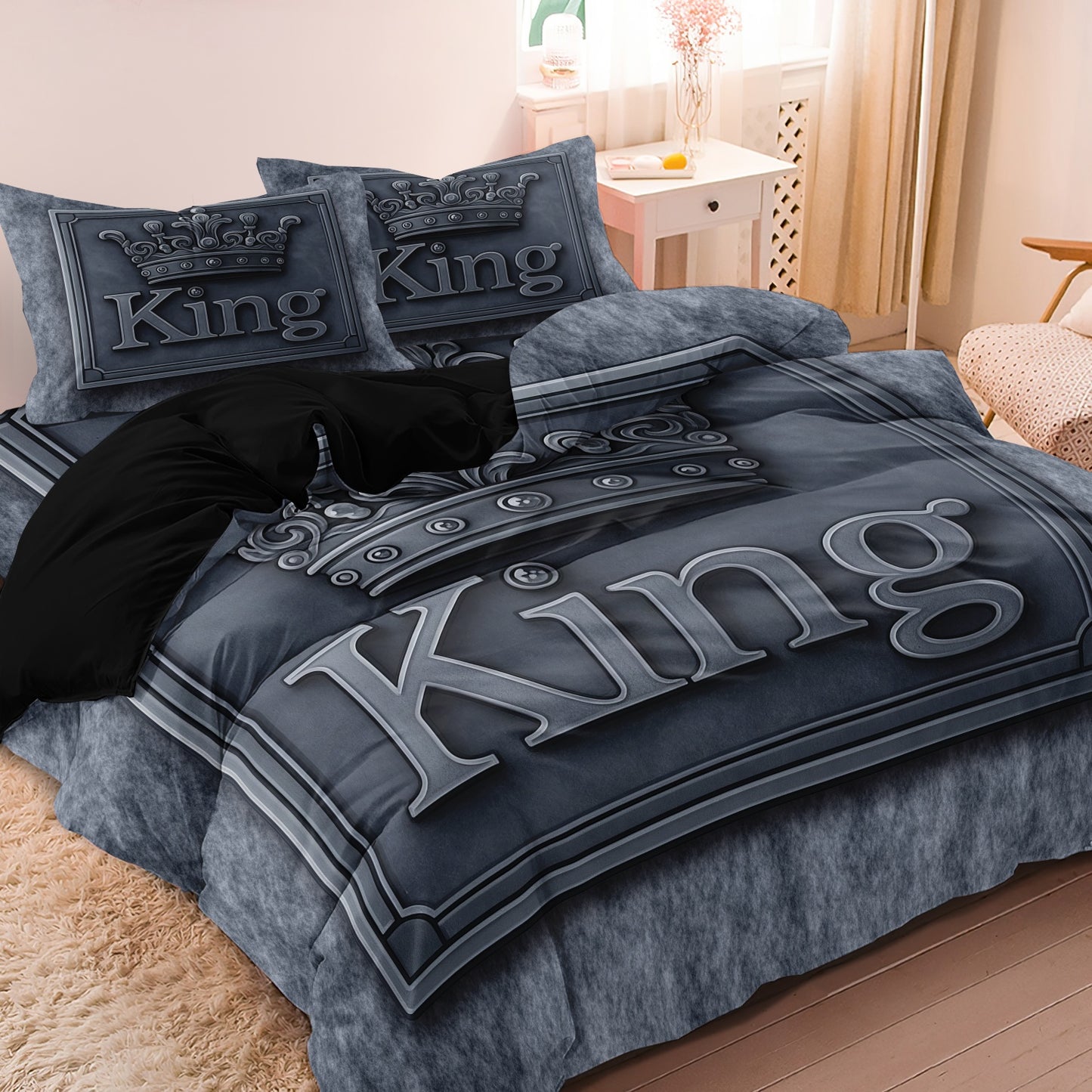 3Pcs King Crown Duvet Cover Set – Luxury Black Grey Bedding Set with Pillowcases
