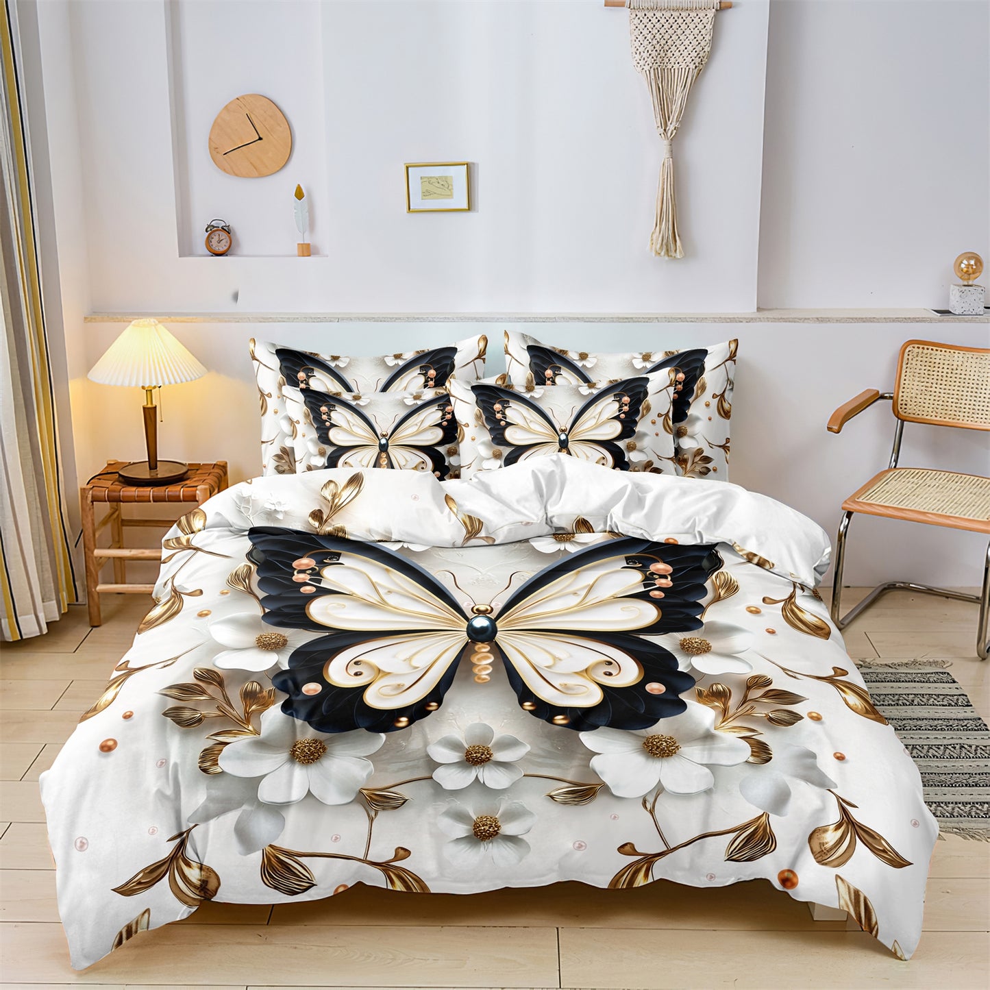 3Pcs Elegant Butterfly & White Floral Duvet Cover Set | Luxury Microfiber Bedding