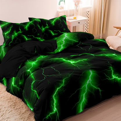 3Pcs Green Lightning Quilt Cover Set – 3D Electric Storm Bedding with Pillowcases