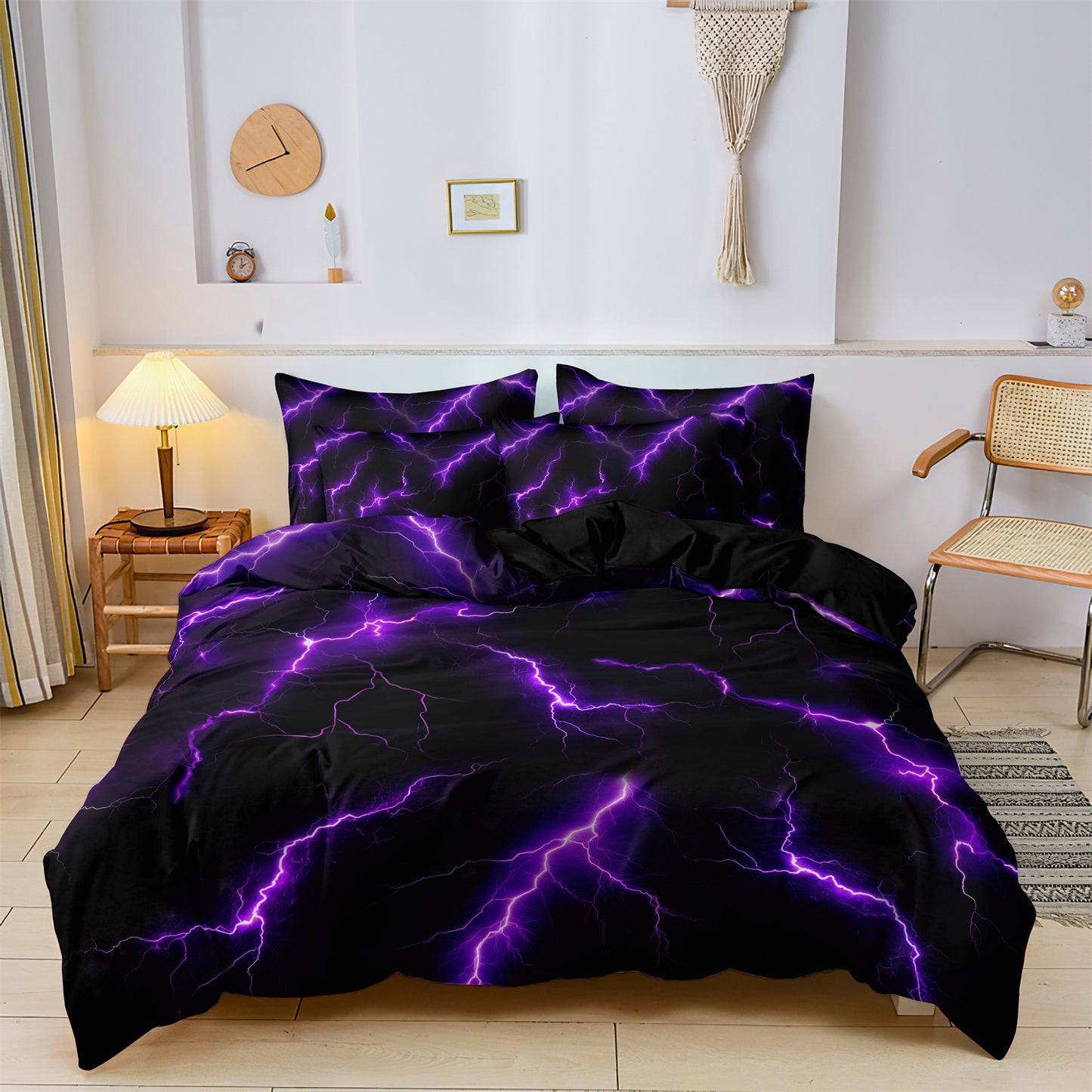 3Pcs Purple Lightning Quilt Cover Set – 3D Electric Storm Bedding with Pillowcases