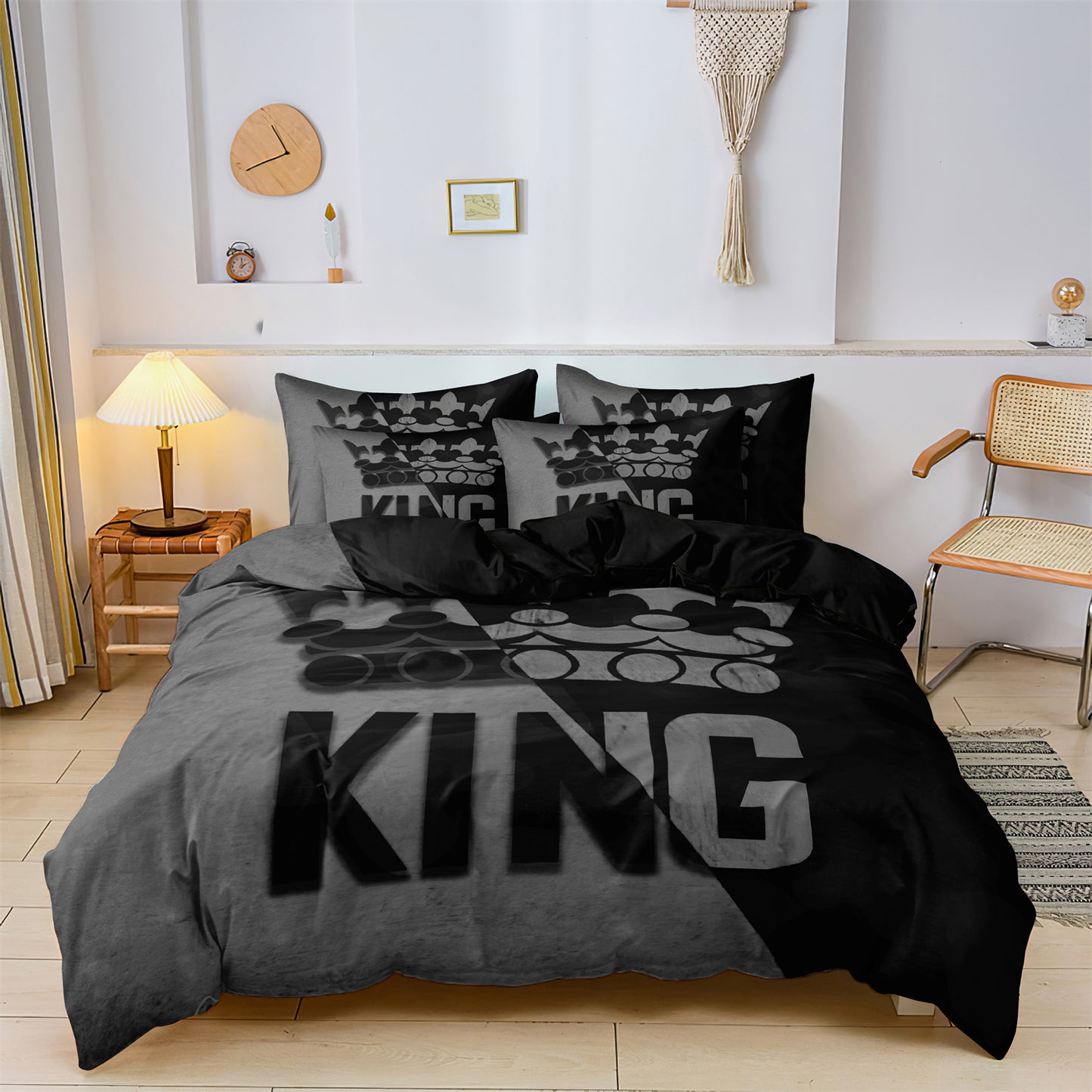 3Pcs Luxury King Crown Bedding Set – Black Grey 3D Duvet Cover Set with Pillowcases Modern Bedroom Decor