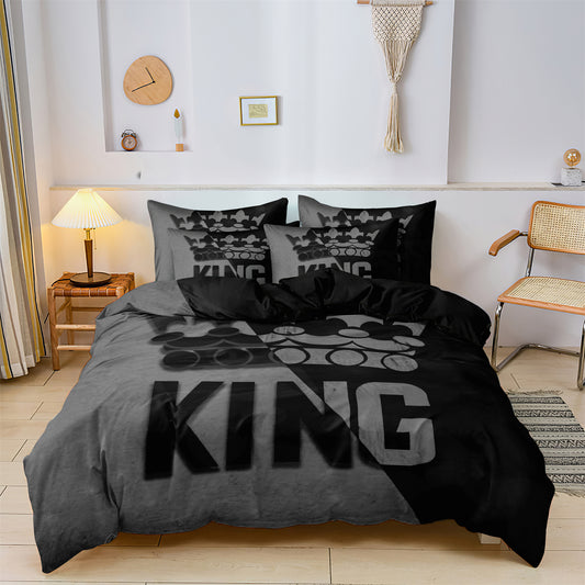 3Pcs Luxury King Crown Bedding Set – Black Grey 3D Duvet Cover Set with Pillowcases Modern Bedroom Decor