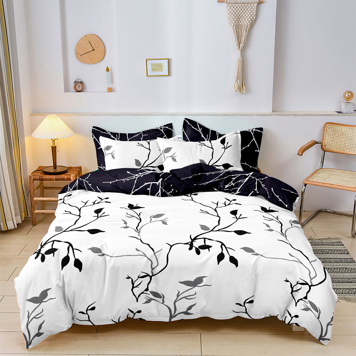 3Pcs Black White Botanical Duvet Cover Set | Modern Branch Bedding with Pillowcases