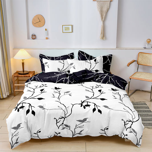3Pcs Black White Botanical Duvet Cover Set | Modern Branch Bedding with Pillowcases