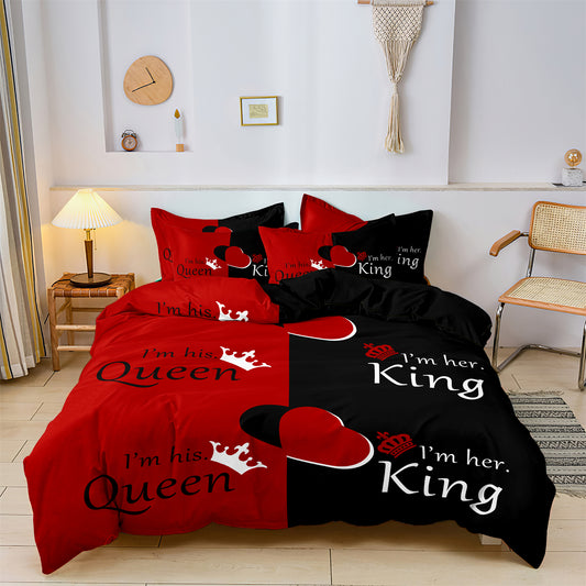 3Pcs King & Queen Couple Bedding Set – Red Black Romantic Duvet Cover Set with Pillowcases
