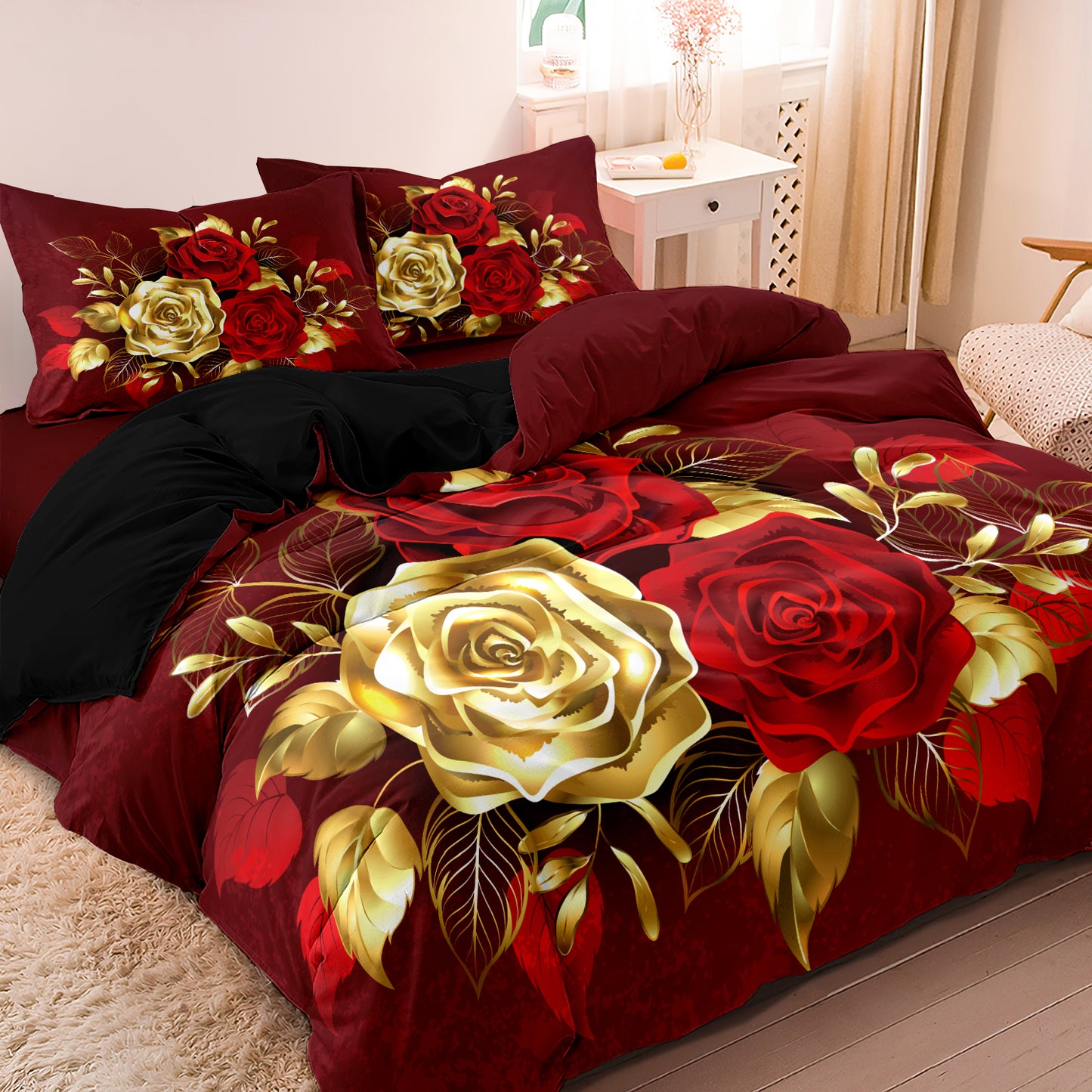 3PcsBurgundy Rose Floral Bedding Set – Red and Gold Rose Duvet Cover Set, Romantic Luxury Flower Quilt Cover