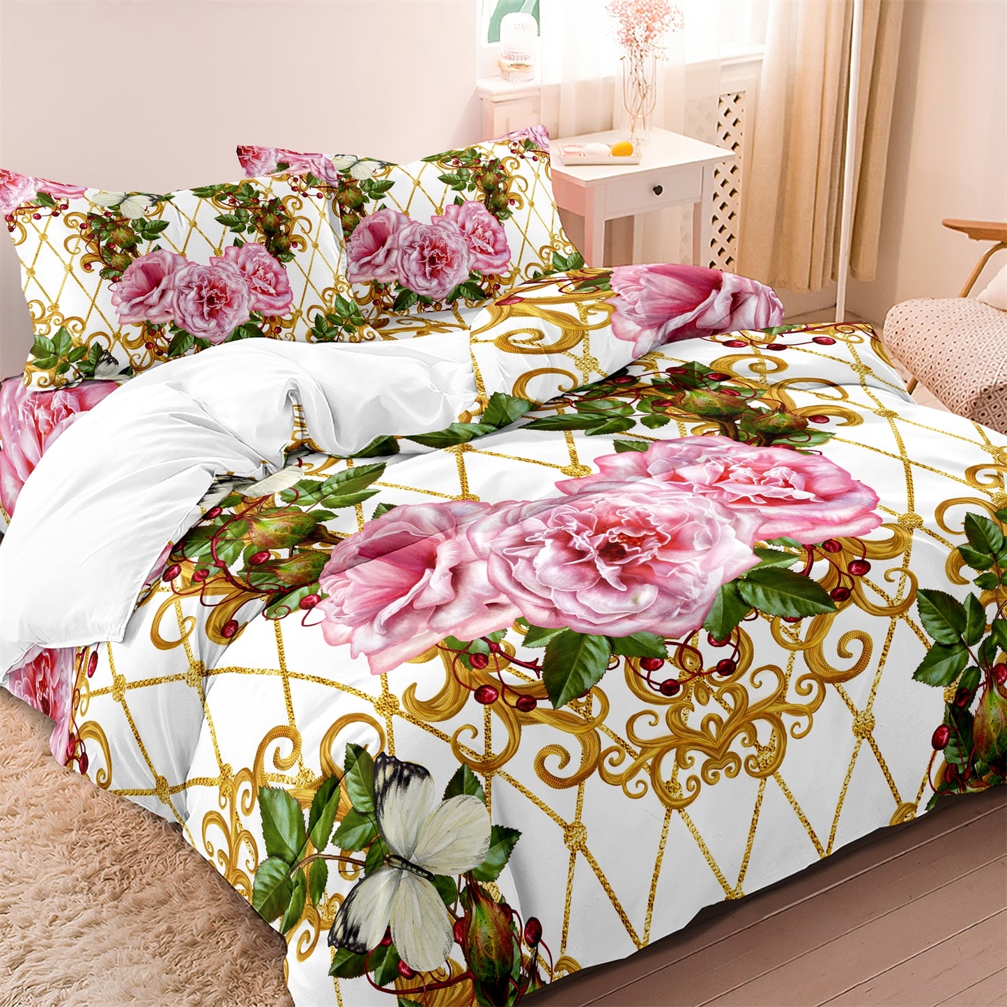 3Pcs Luxury Pink Rose Quilt Cover Set – Elegant Floral Baroque Bedding with Pillowcases