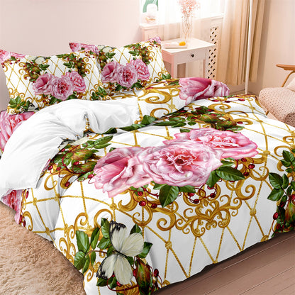 3Pcs Luxury Pink Rose Quilt Cover Set – Elegant Floral Baroque Bedding with Pillowcases