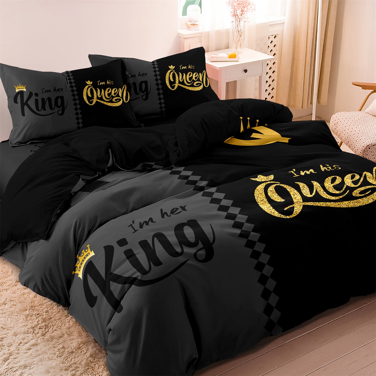 3Pcs King & Queen Couple Bedding Set – Black White Luxury Duvet Cover Set with Pillowcases