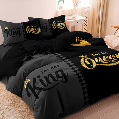 3Pcs King & Queen Couple Bedding Set – Black White Luxury Duvet Cover Set with Pillowcases
