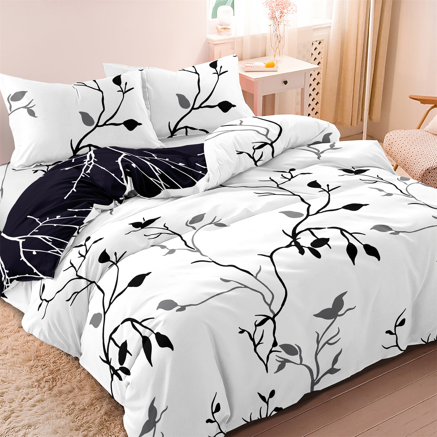 3Pcs Black White Botanical Duvet Cover Set | Modern Branch Bedding with Pillowcases