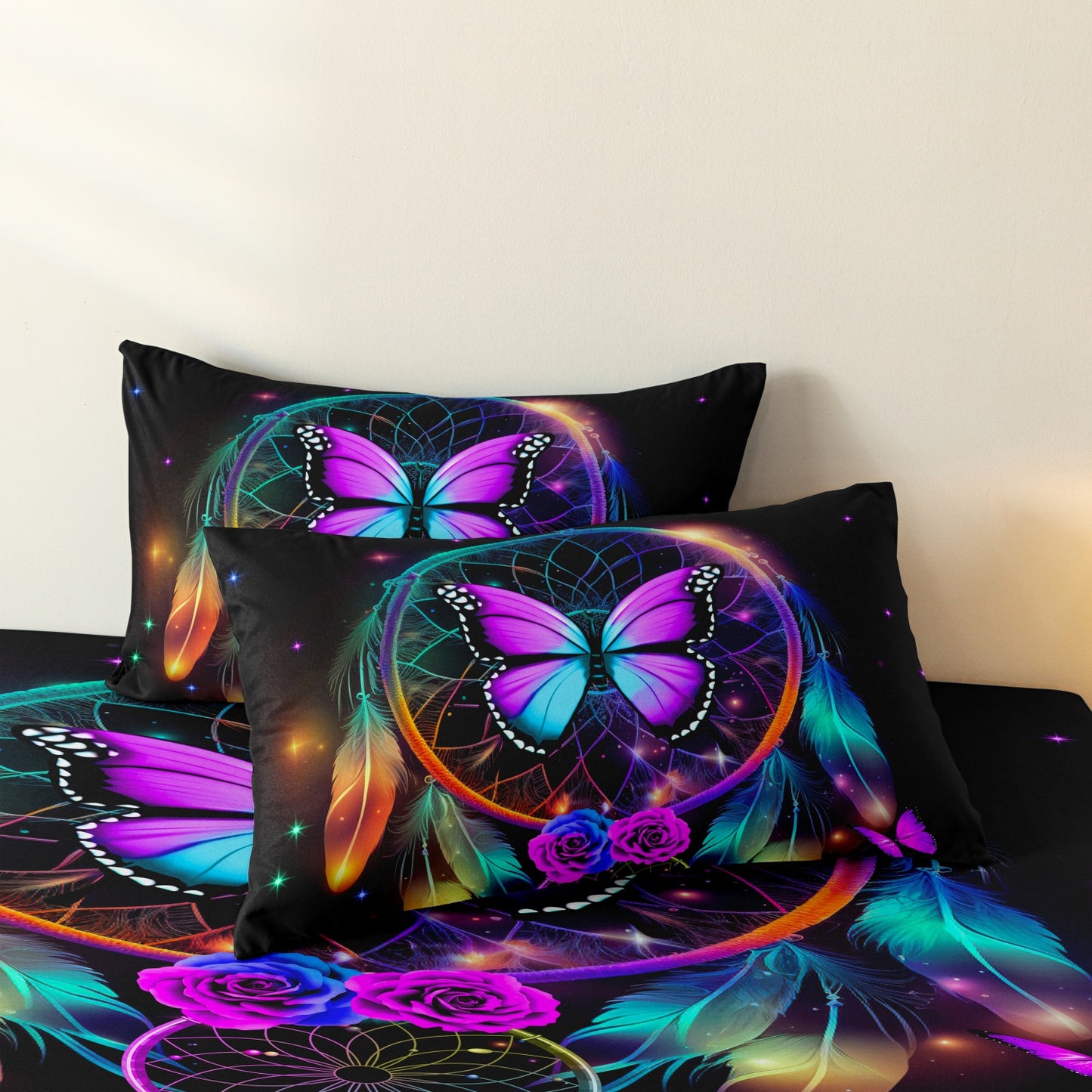 3Pcs Colorful Butterfly Dream Catcher Duvet Cover Set | Boho Black Bedding with Pillowcases